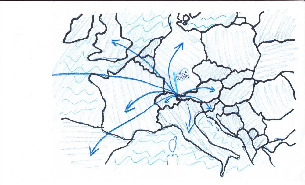 Handgezeichnete Karte Europas mit Ländergrenzen und blauen Pfeilen, die Umzüge von und nach Österreich in verschiedene europäische Länder darstellen.