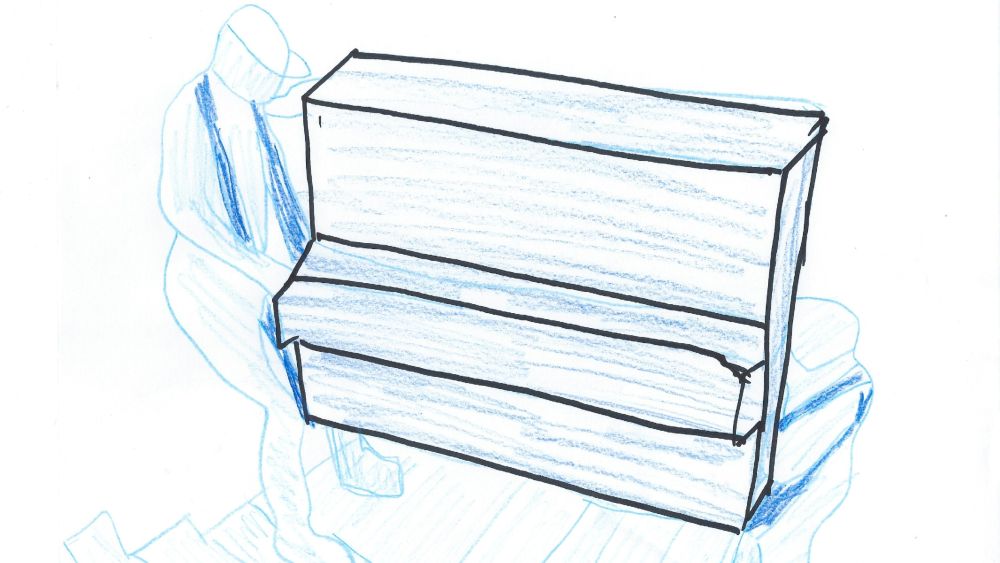 Eine blau-weiße Skizze zeigt zwei Umzugshelfer, die gemeinsam ein Klavier tragen.